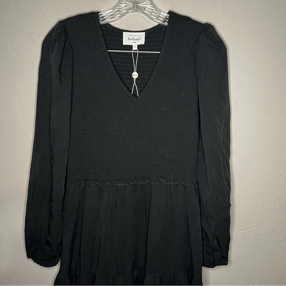 Bohme Black Tencel Smocked Tiered Long Sleeve V-Neck MIDI Dress - Picture 3 of 11